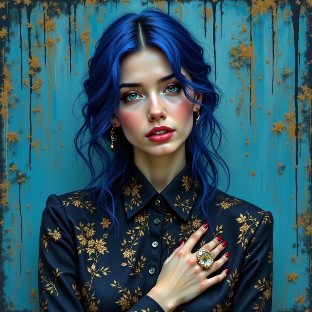 Elegant Muslim Woman in Blue Veil, Impressionistic Style