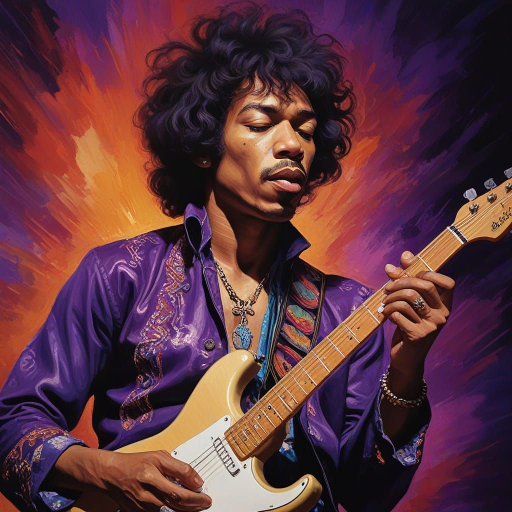 Vibrant Psychedelic Portrait of Jimi Hendrix in Full Rock Pe...
