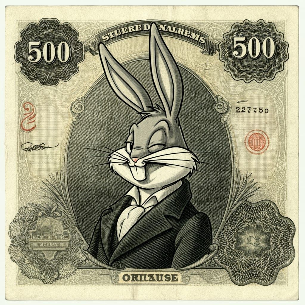 Bugs Bunny Adorns Vintage Banknote Portrait