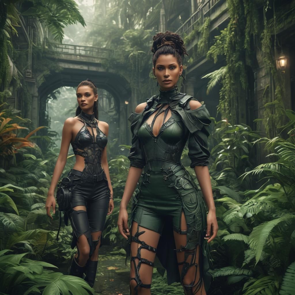A breathtaking biopunk fashion photoshoot set in a lush, ove...