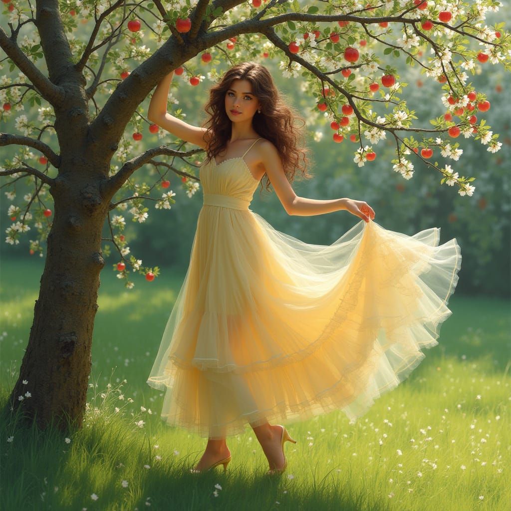 Enchanting Russian Beauty Embracing Blooming Apple Tree in S...