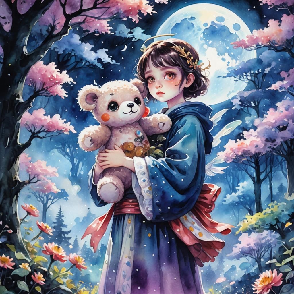 Demonic Angel with Teddy in Dreamlike Fauvist Style