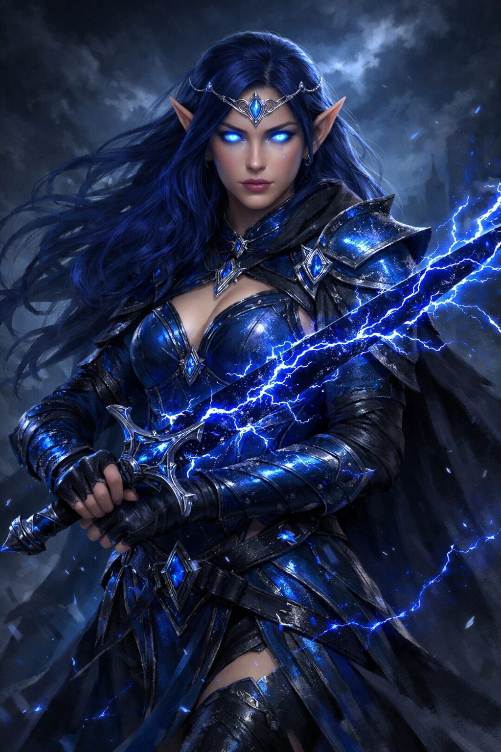 Indigo Elven Warrior Princess With Lightning Sword