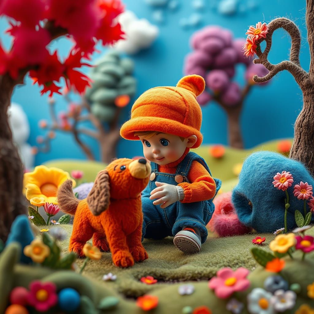 Felt Boy and Dog in Fuzzy Felt World