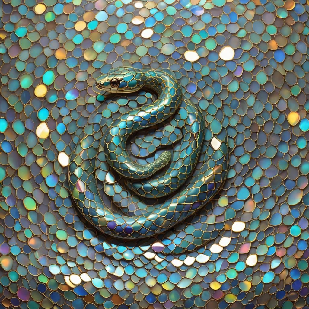 Iridescent Glass Snake Sculpture with Luminescent Scales