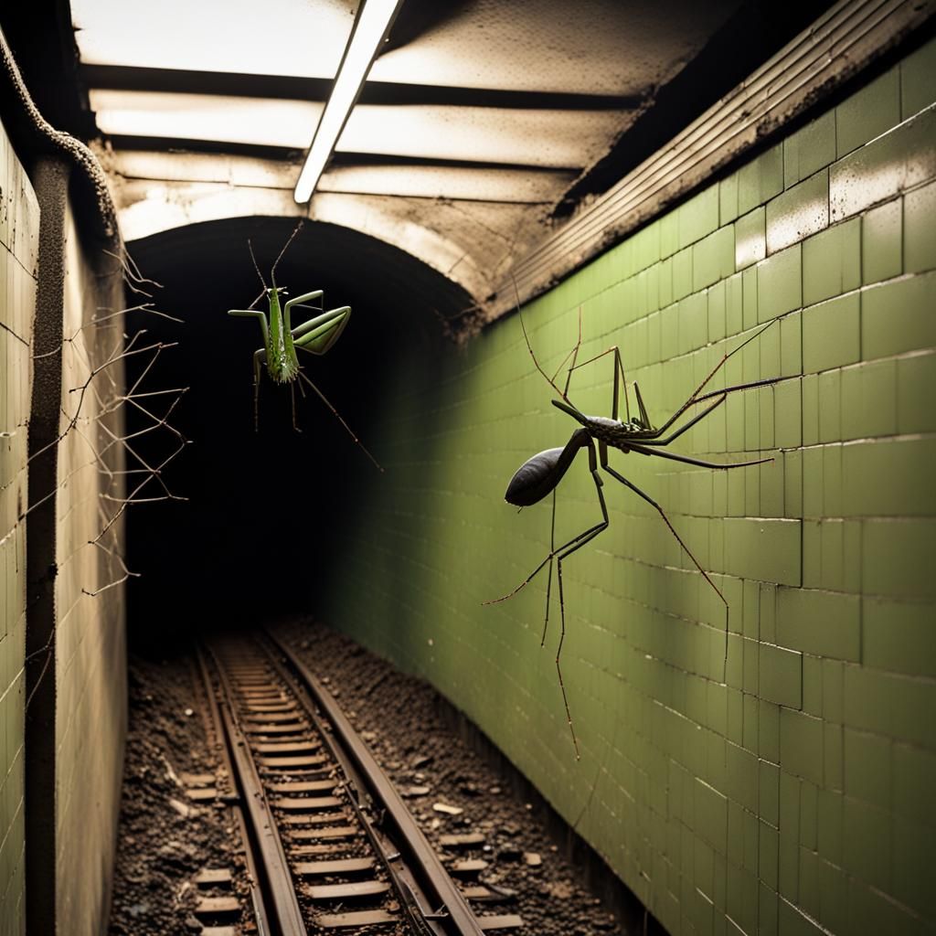Surreal Black Tailspider-Mantis Hybrid in Subway