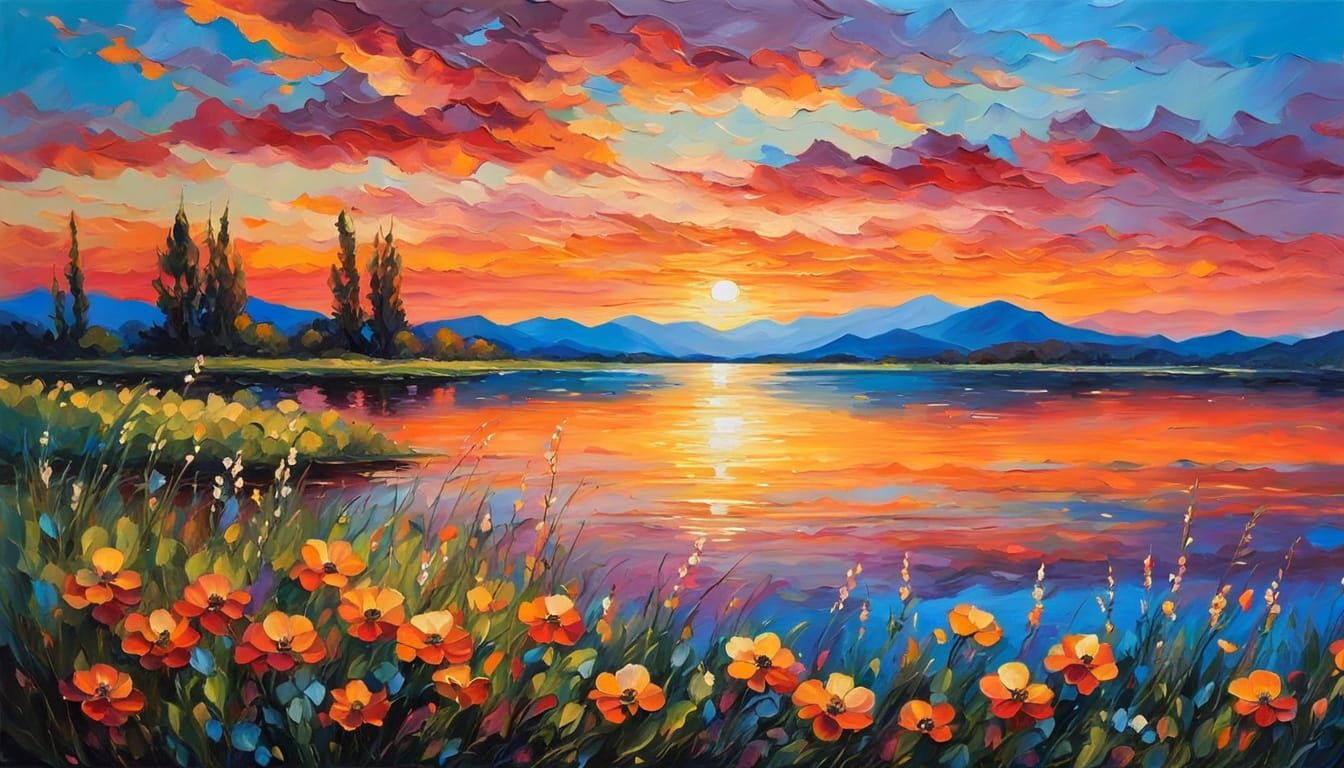 Vibrant Sunset Over Lake with Wildflowers, Impasto Style