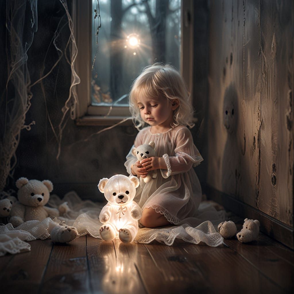 Tiny Ghost Child Holding a Translucent Teddy Bear in Tears