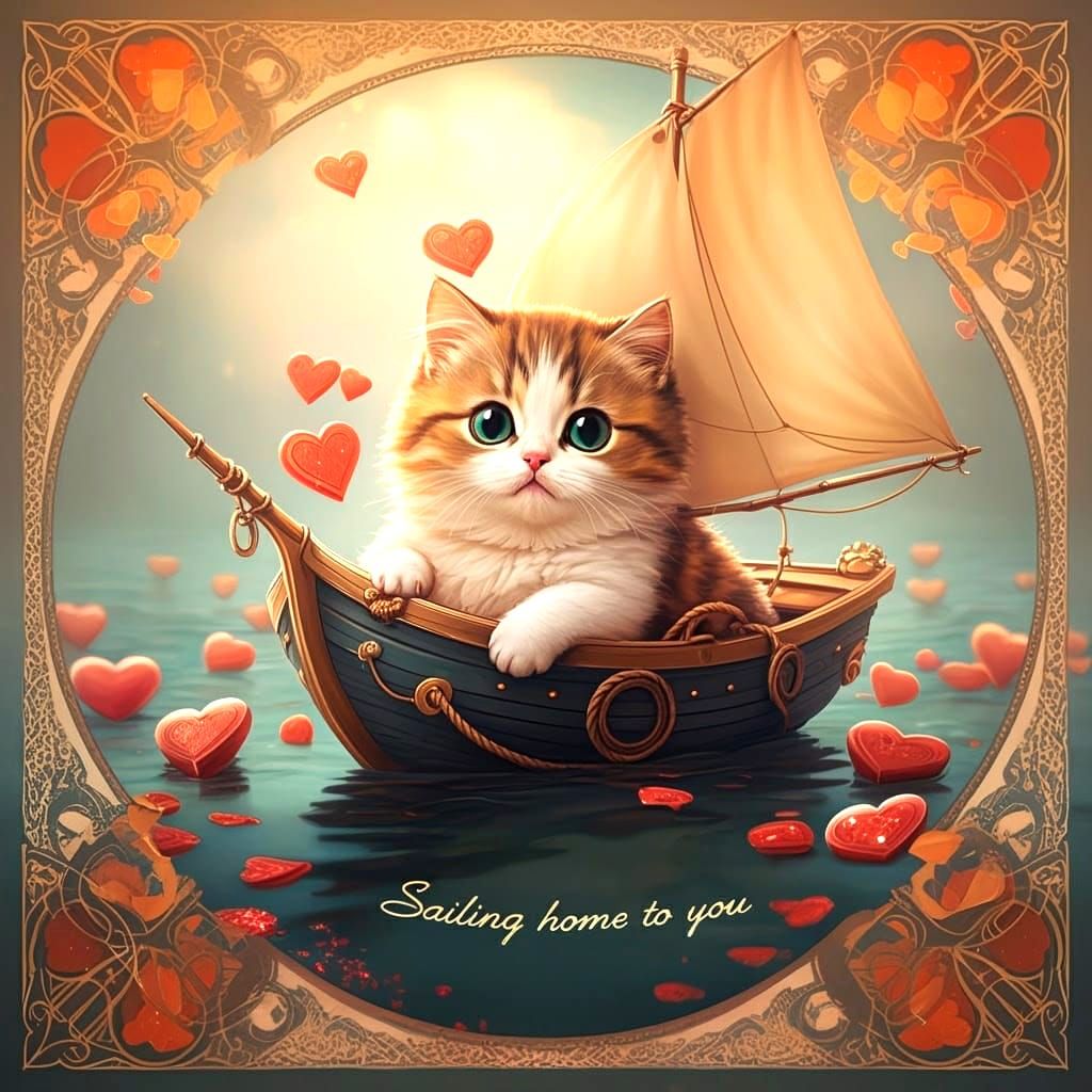 Victorian Era Valentine Card with Fluffy Kitten in Sailing B...