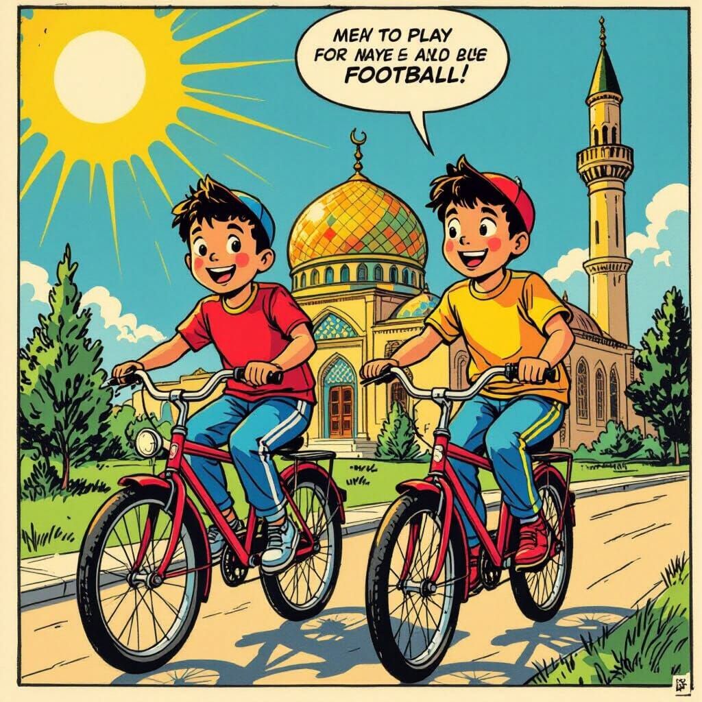 Muslim Boys Cycle to Football Game Past Mosque, Vibrant Comi...