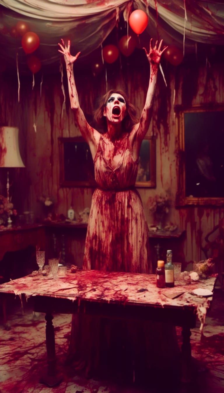 Macabre Party Scene: Screaming Woman on Table