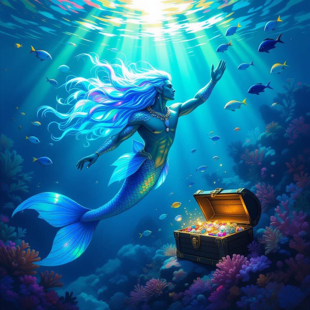 Merman in Coral Reef with Bioluminescent Hair