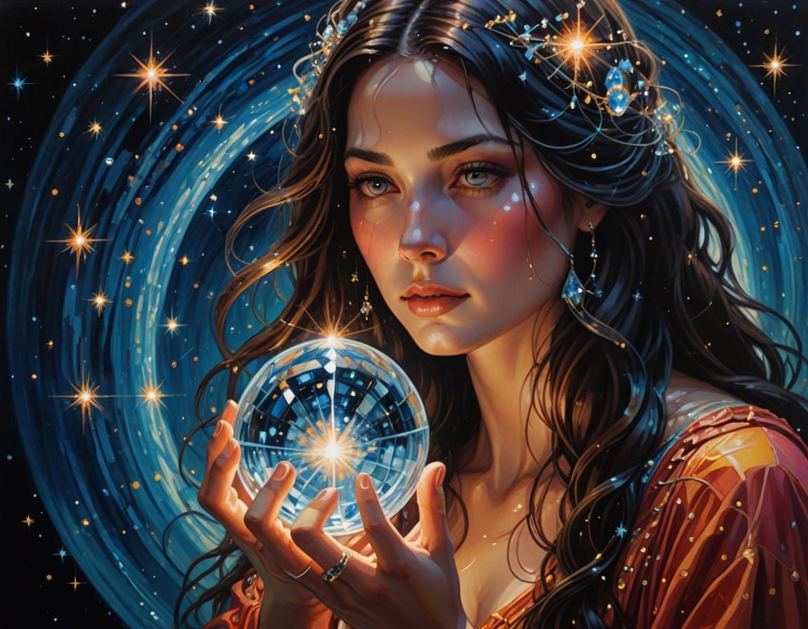 Goddess Gazing into Galactic Orb: Surreal Oil Painting
