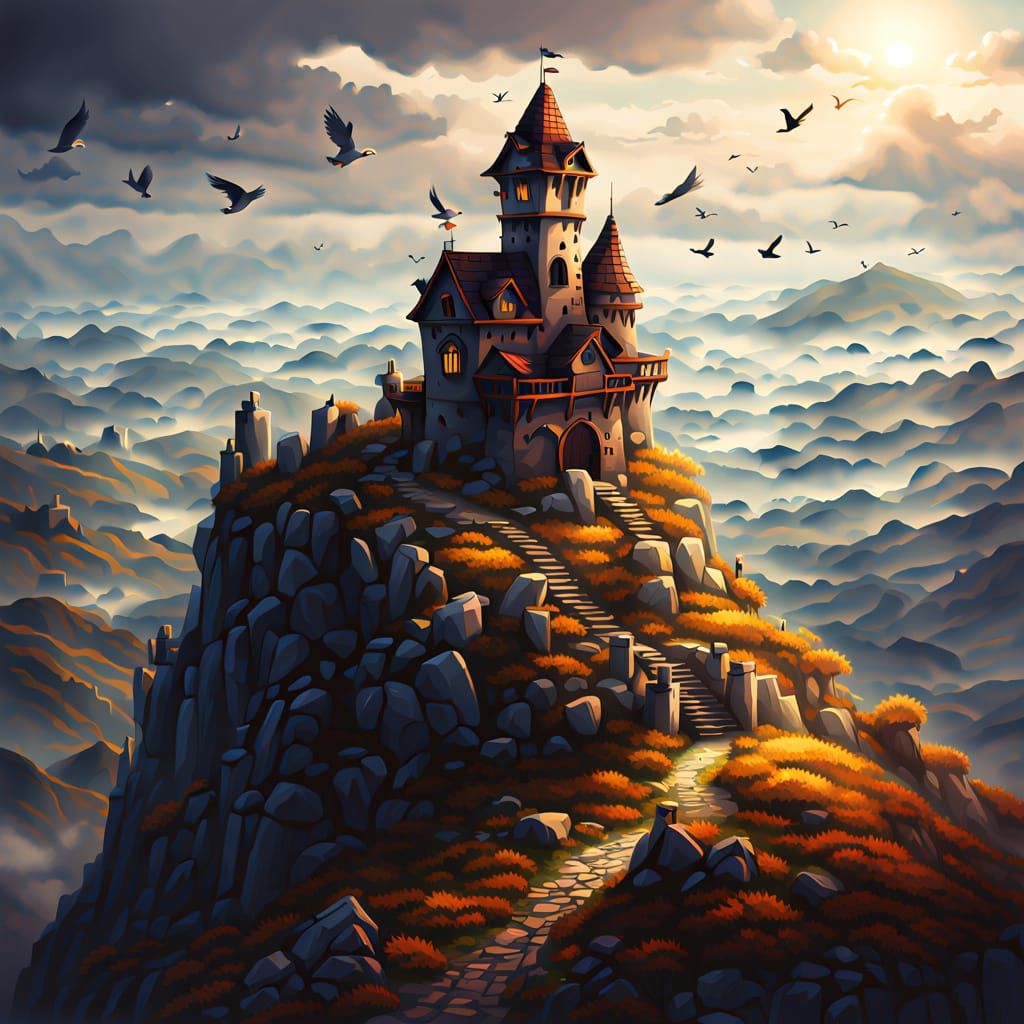 Miniature Castle Birdhouse on Misty Mountain