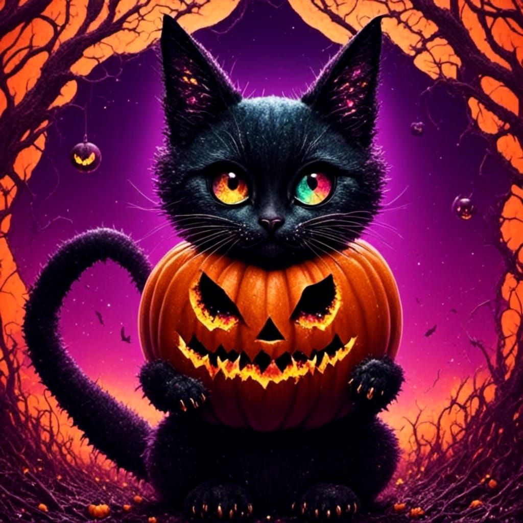 Cartoon Jack-O'-Lantern with Cat, Lit by Fire