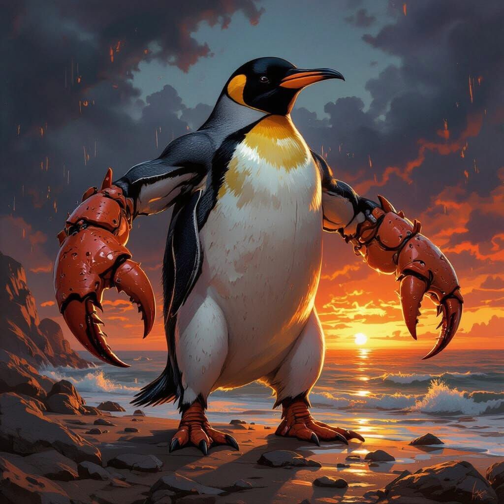 Muscular Penguin Man with Crab Arms at Stormy Sunset