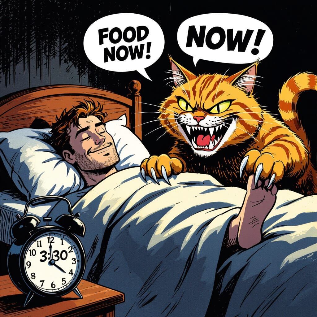 Man Sleeps While Cat Demands Food in Comic Style