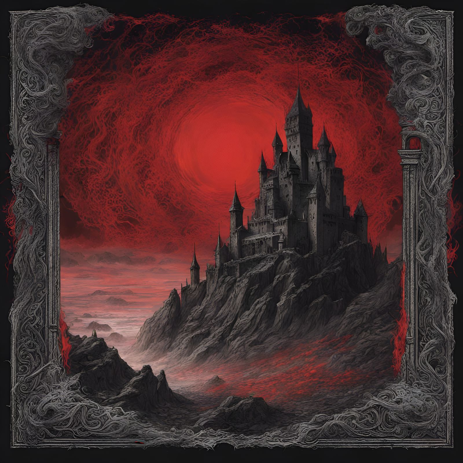 Mystic Horror Castle in Red Fog, Black Metal Style