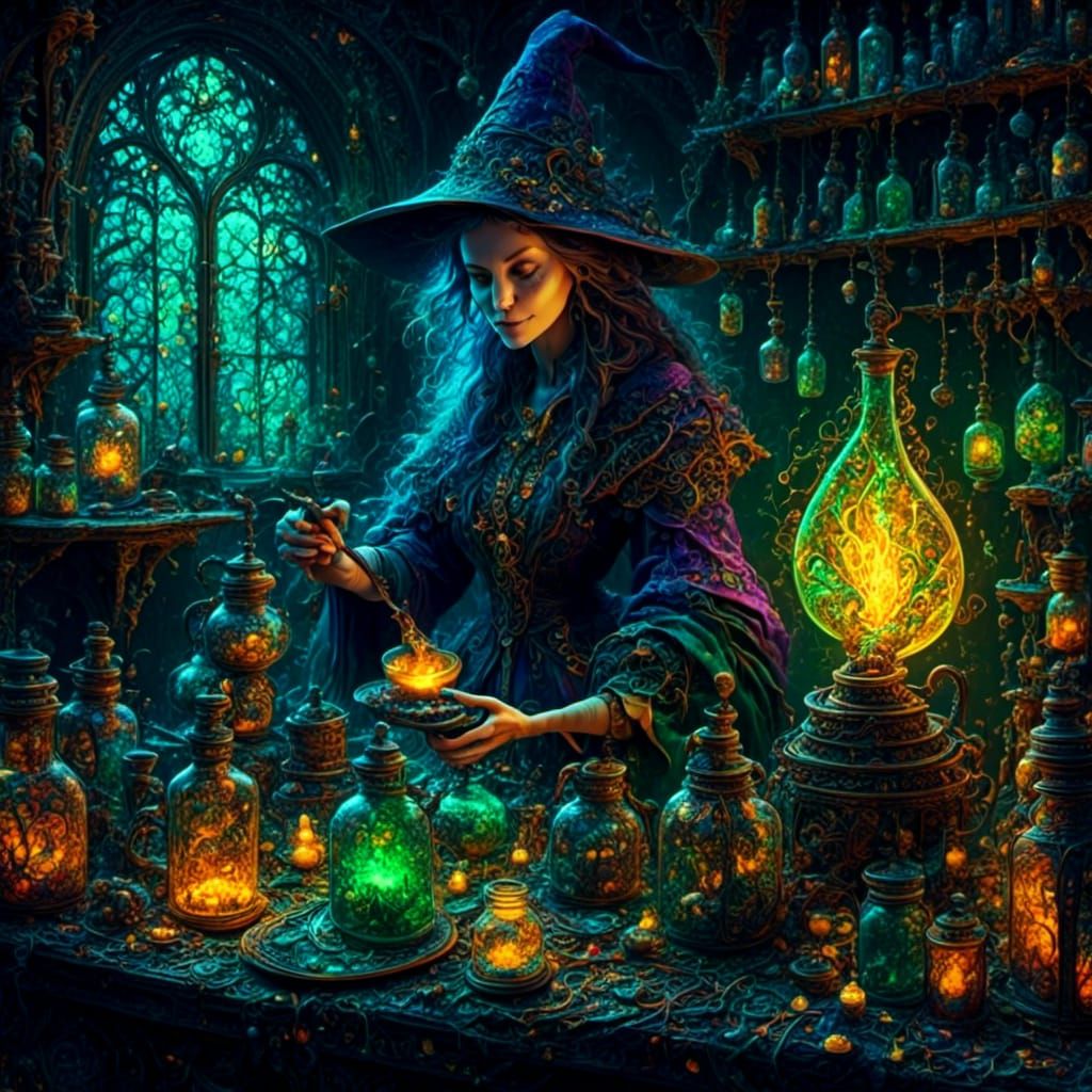 Witch Brewing Potion in Spooky Laboratory: Dark Fantasy Art