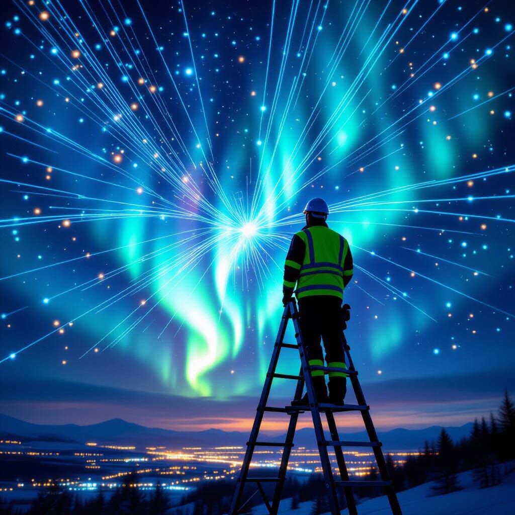 Technician Under Fiber Optic Aurora At Night