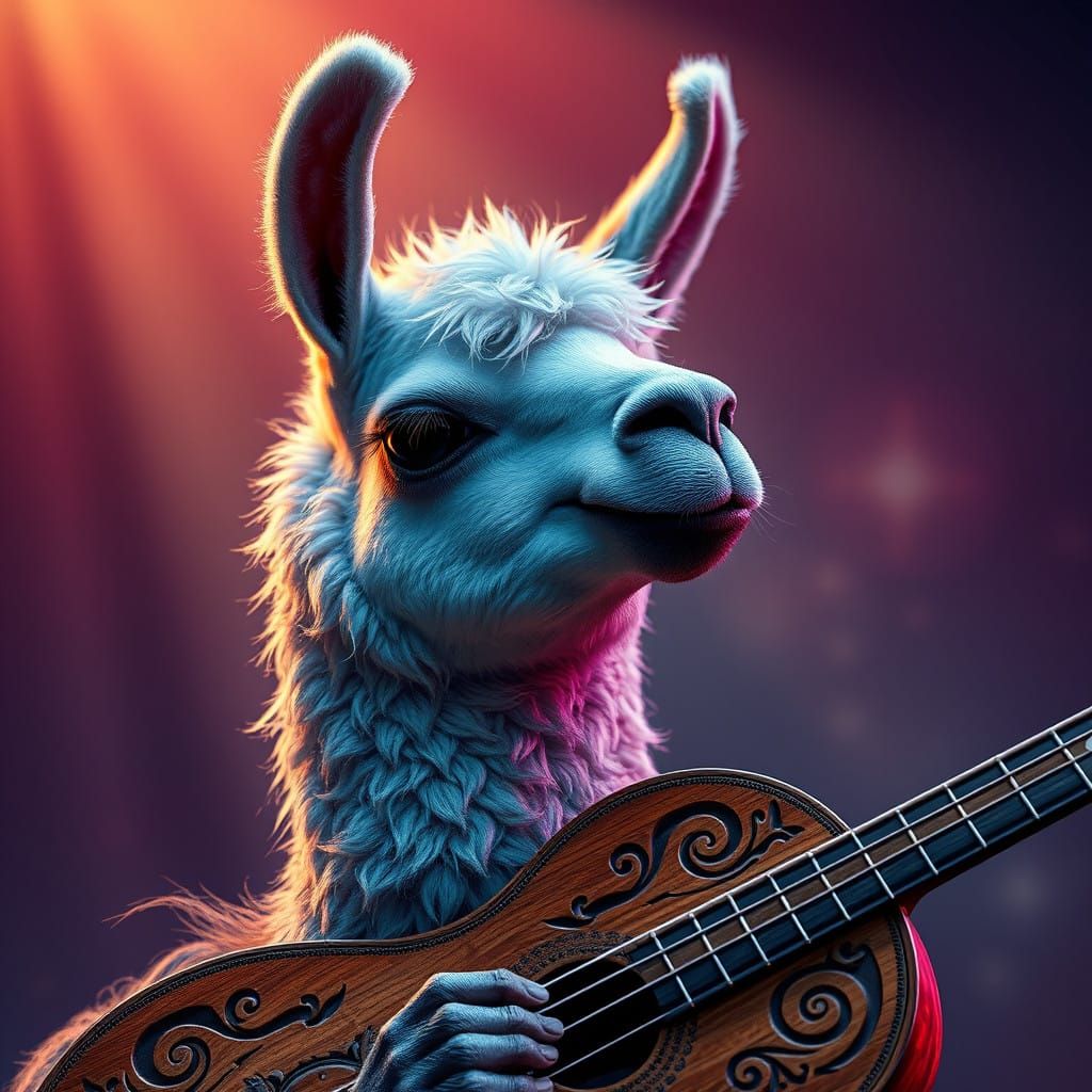 Cute Llama Performs on Intricately Carved Guitar in Realisti...