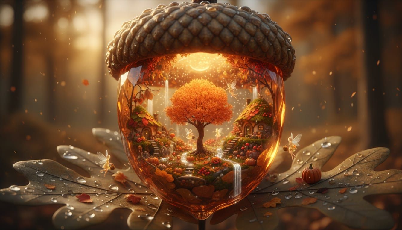 Magical Autumn Pixie Village Inside Amber Acorn