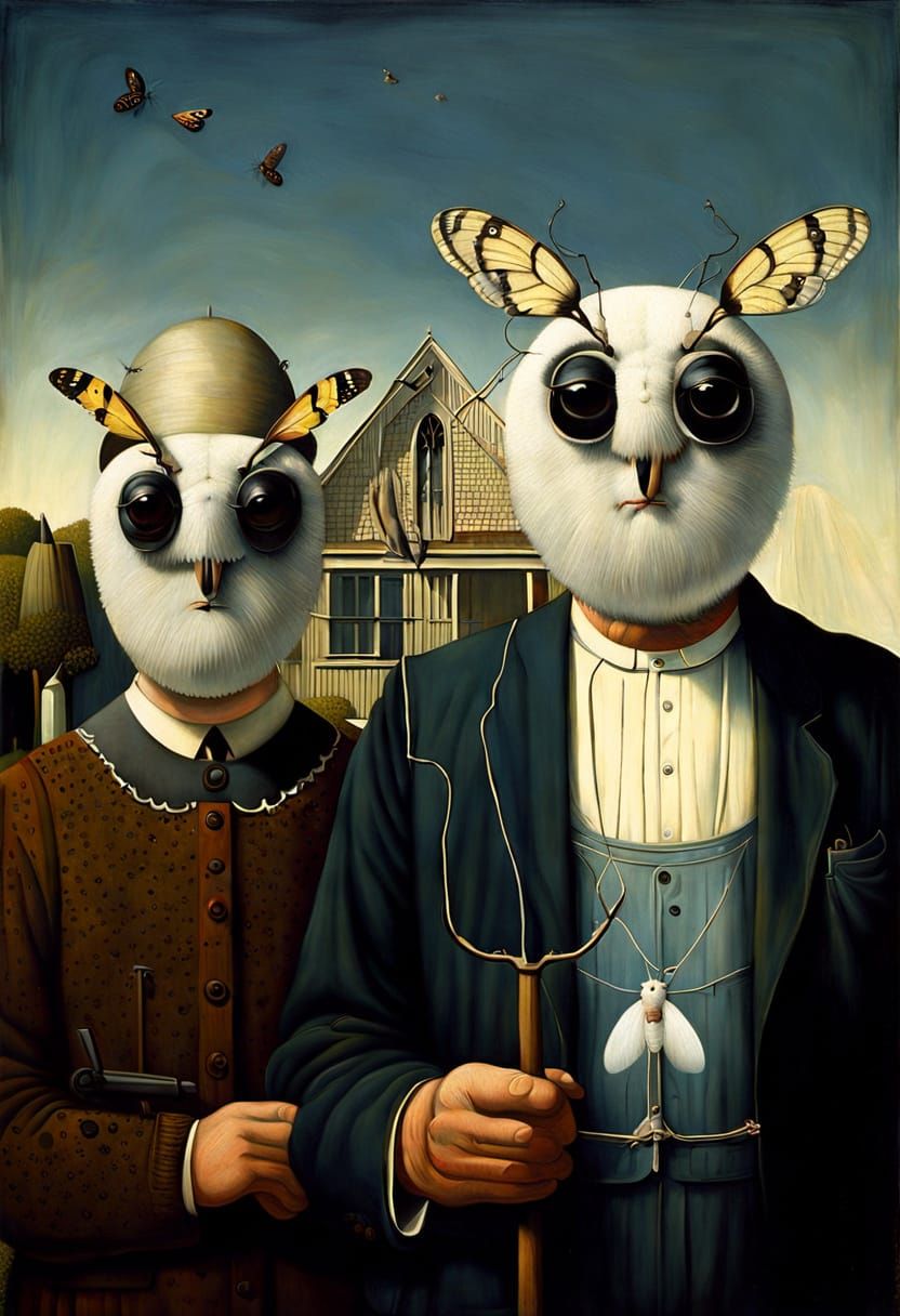 Moth Headed Figures in American Gothic Parody