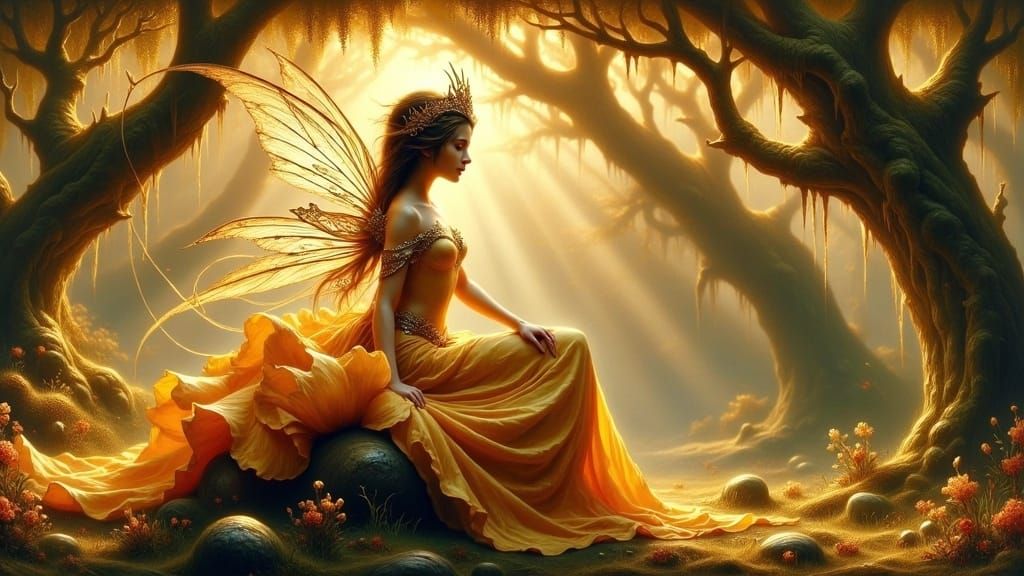 Enchanted Fairy on a Golden Bloom in Whimsical Woodland