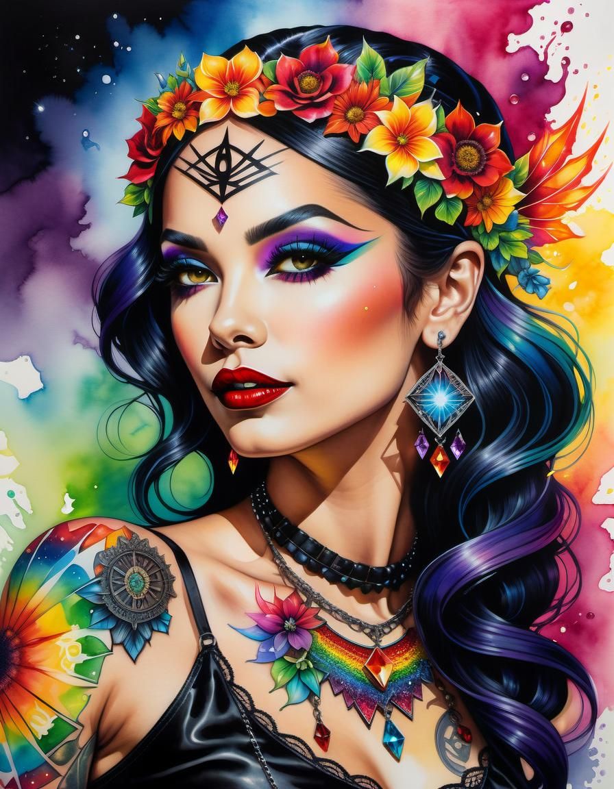 Radiant Gothic Pinup with Rainbow Crystals in Watercolor