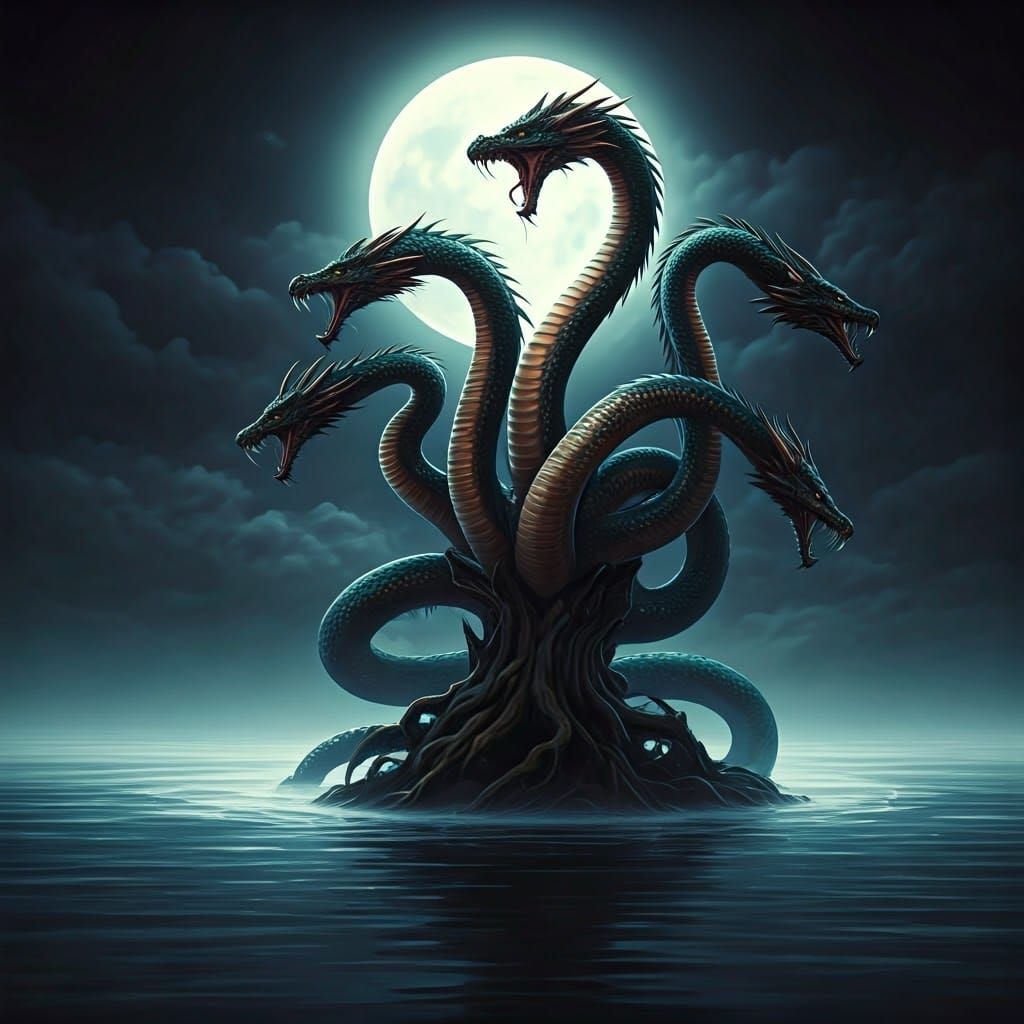 Dark Fantasy Hydra Uncoils from Moonlit Lake