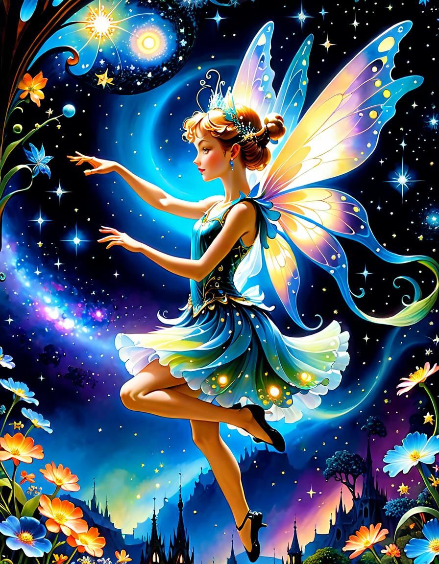 Galactic Fairy Dances: Silhouette Art Nouveau Style