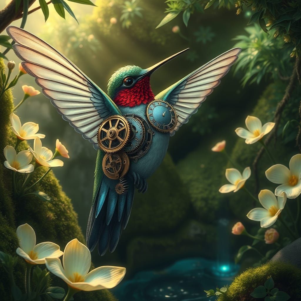 Clockwork Hummingbird in Bioluminescent Grotto