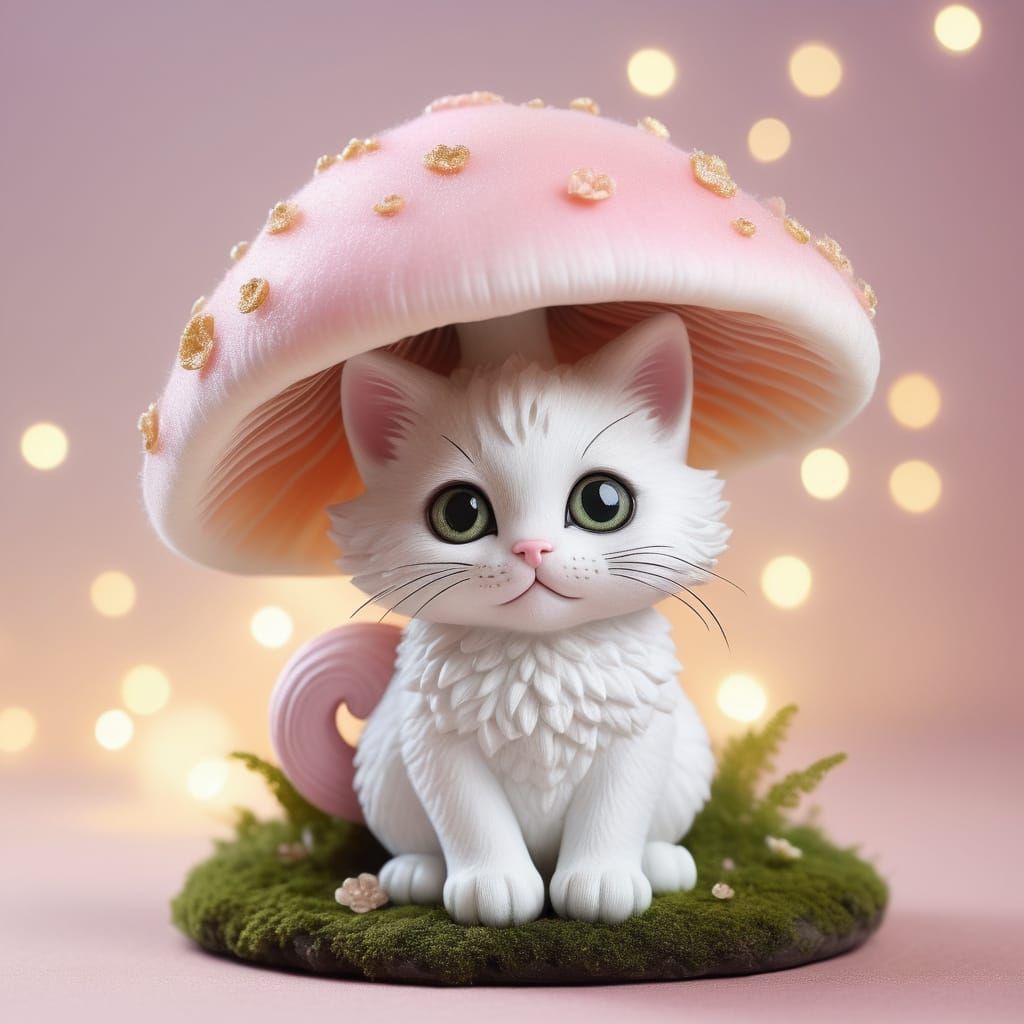 Delicate Kitten Perched on Whimsical Mushroom