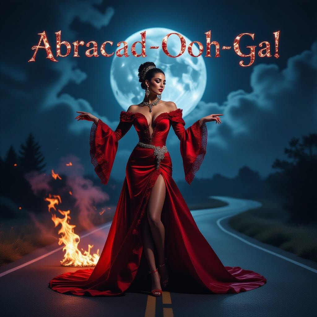 High Fashion Red Dress Enchantress in Moonlit Mystique