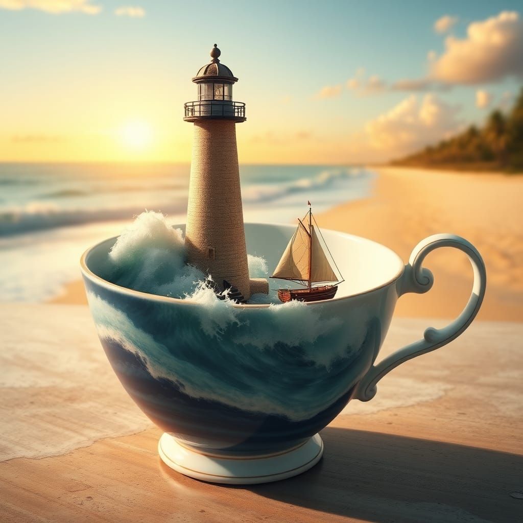 Delicate Porcelain Teacup Holds Miniature Lighthouse Scene