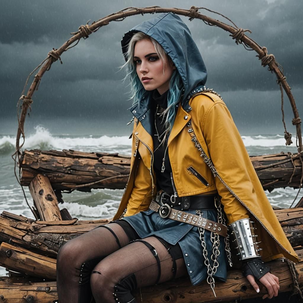 Punk Rock Girl on Raft in Stormy Sea
