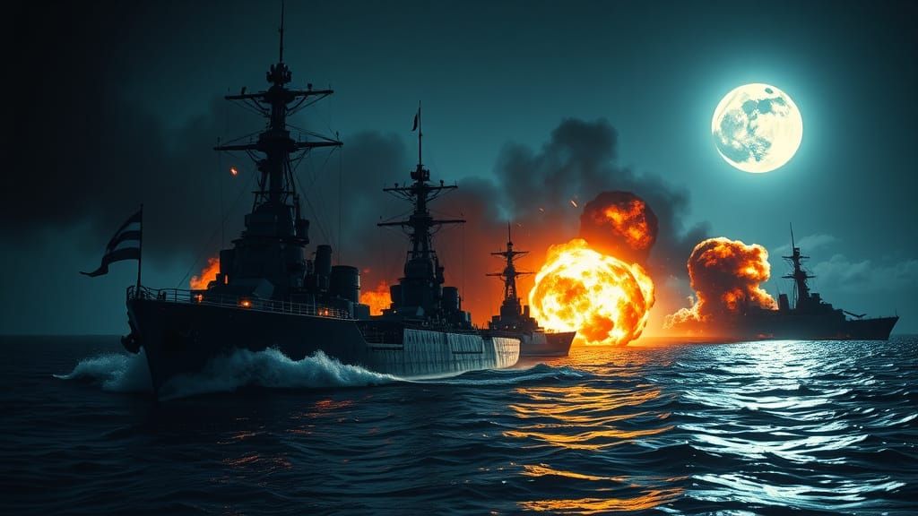 Epic Nighttime Naval Battle Under Full Moon