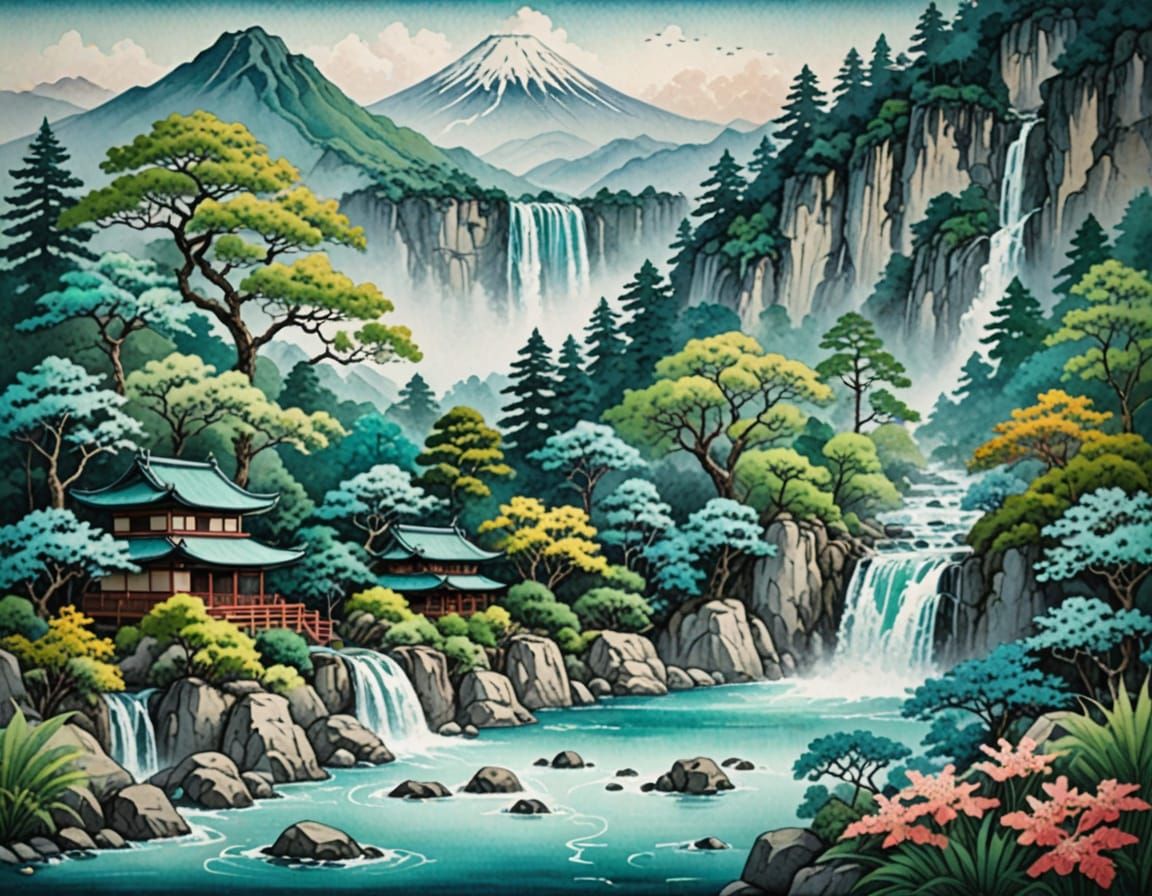 Turquoise Japanese Landscape with Waterfall