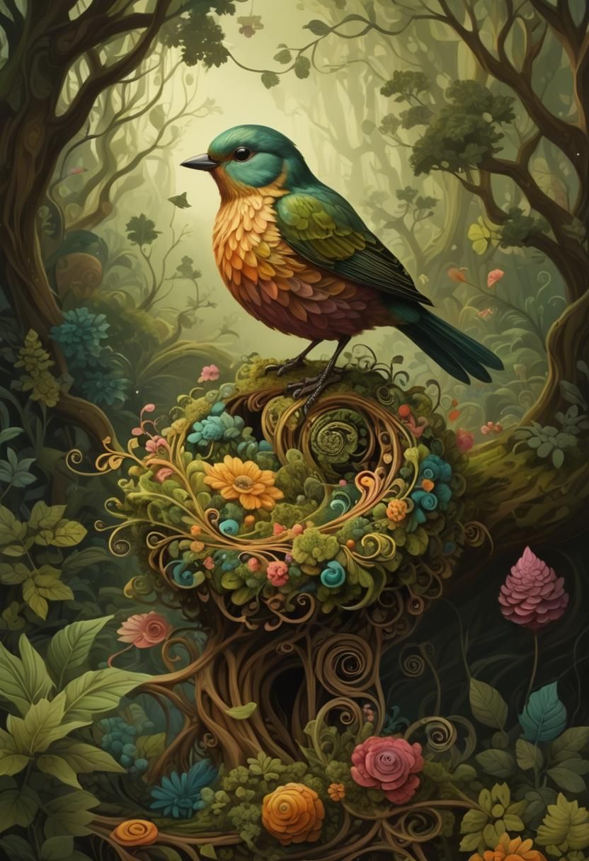 Bird in Forest: Abstract Fractal Zentangle Gouache Art