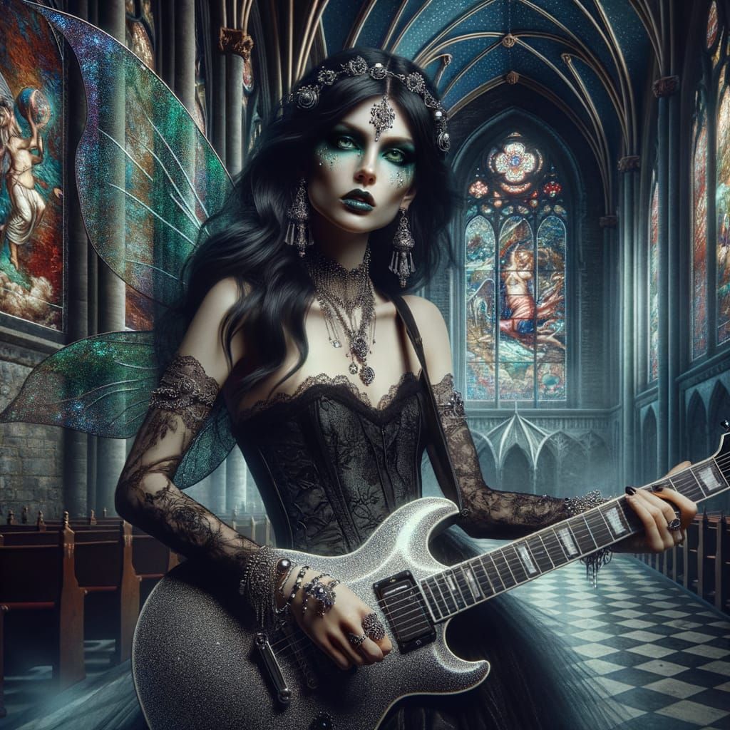 Fairy Goth Rockstar in Moonlit Cathedral