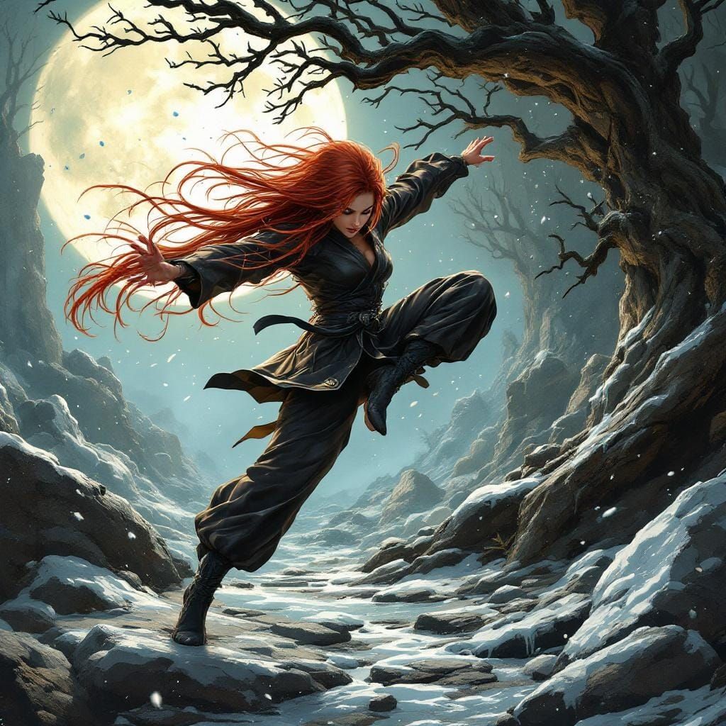 Elven Warrior's Moonlit Kick: Kawaii Art Nouveau Style