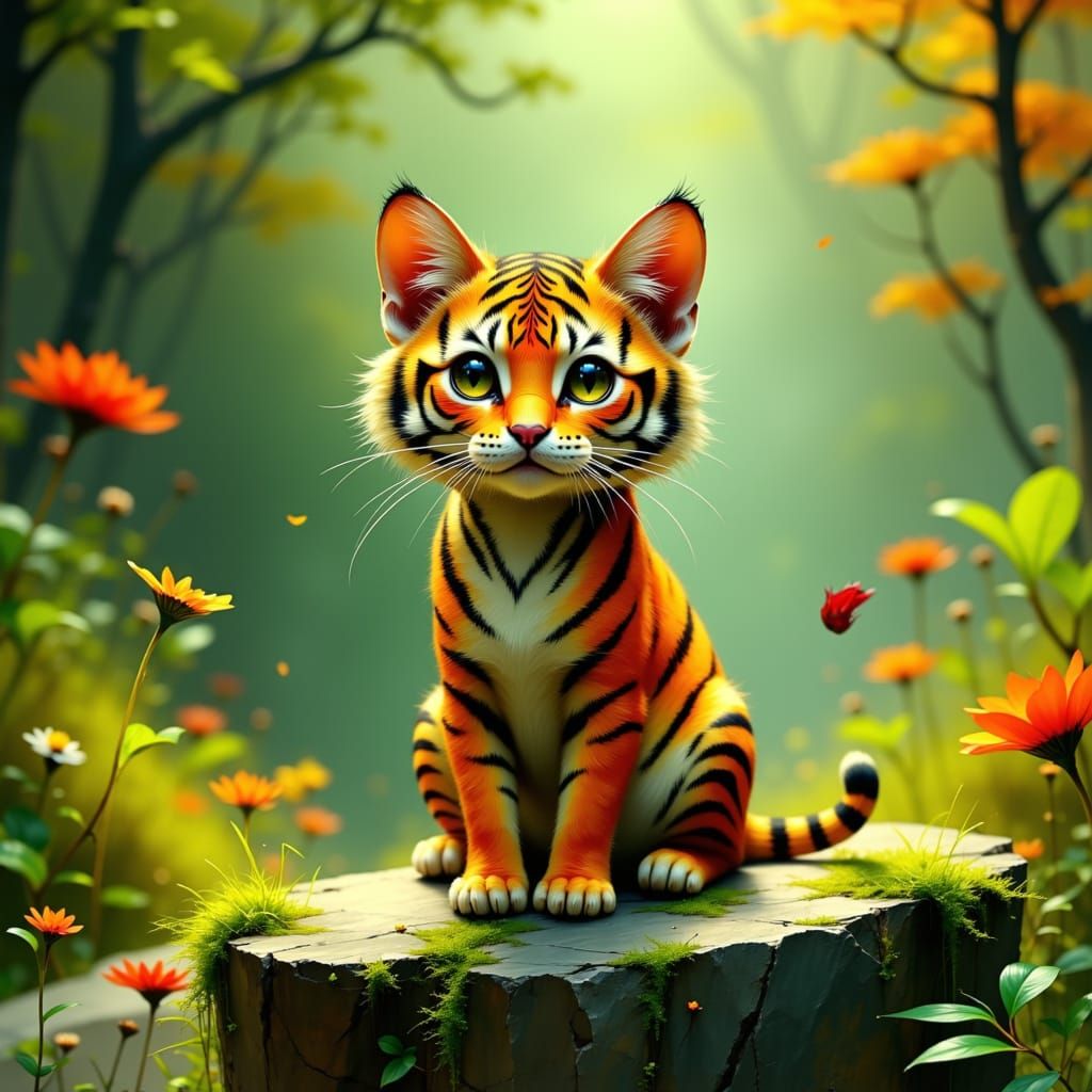 Tiny Cat Dressed as Tiger in Storybook Style