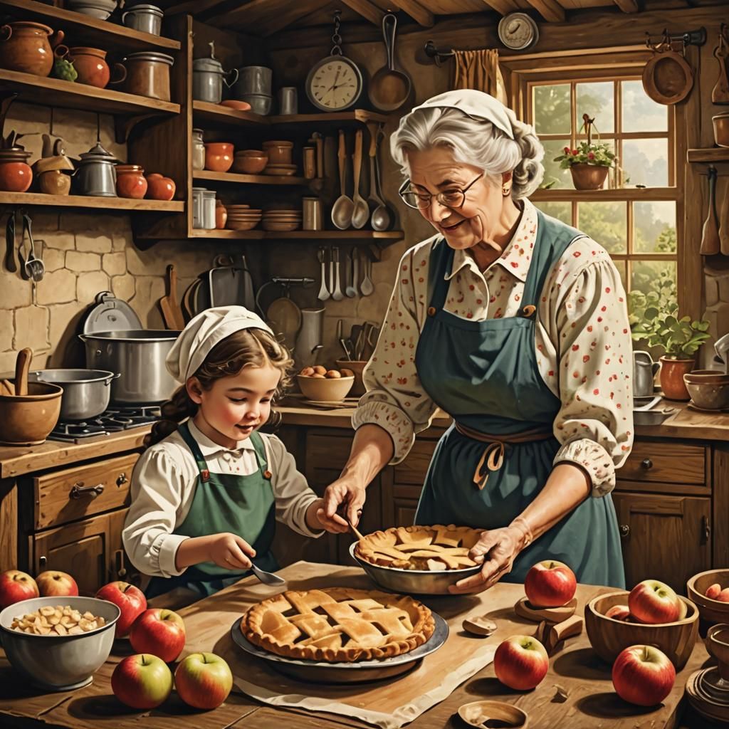 Girl Baking Pies With Grandma: Vintage Illustration