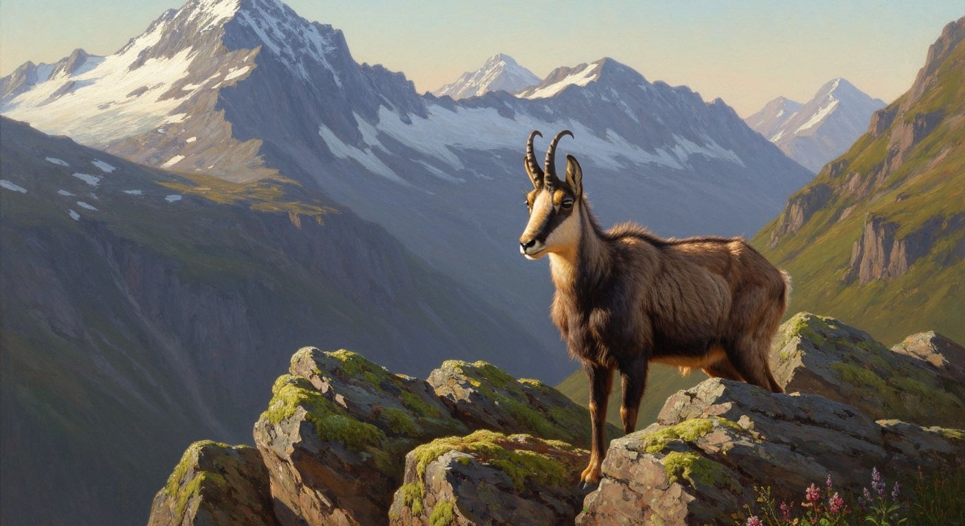 Chamois on Alpine Cliffs in Oil Painting Style