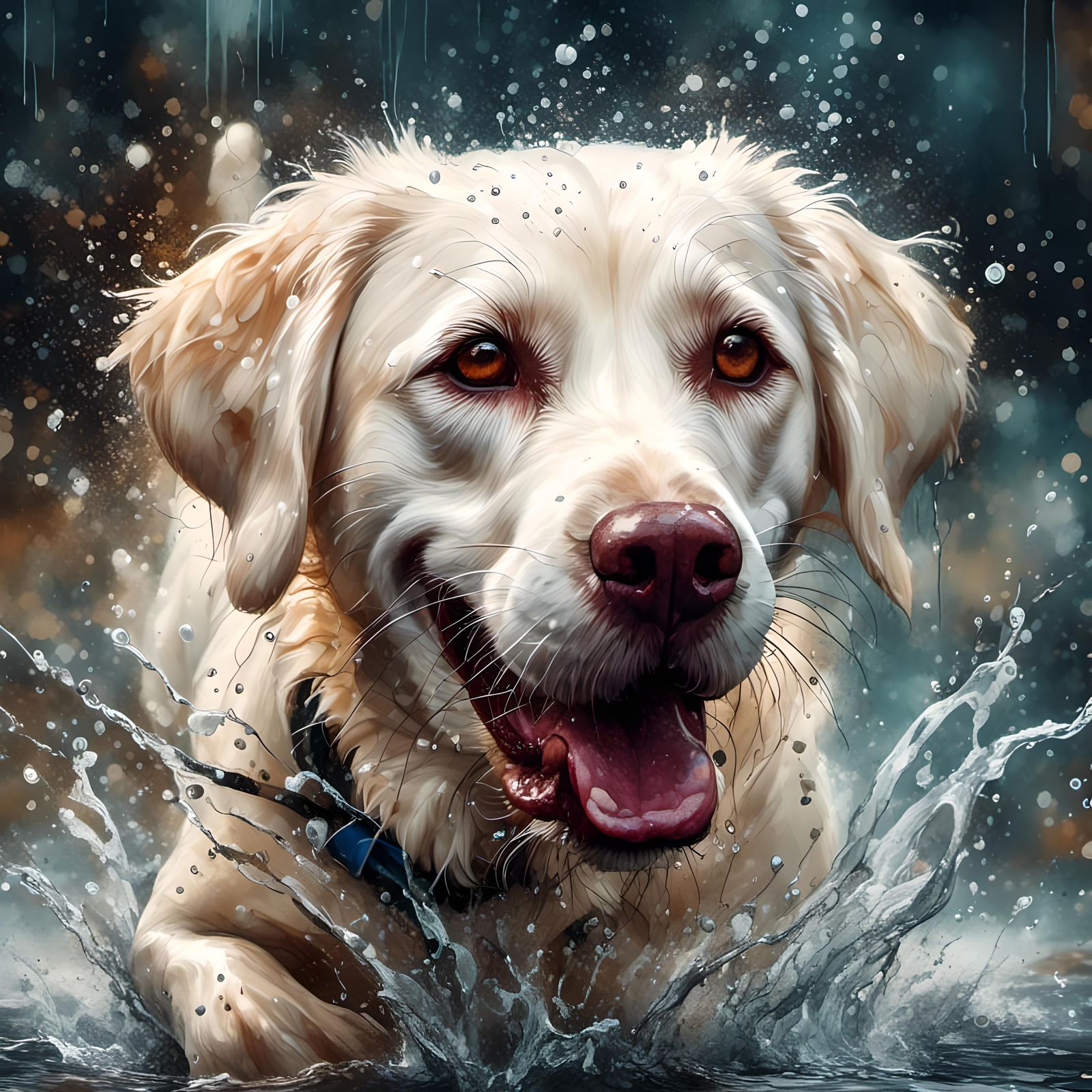 Joyful Labrador Running Through Puddle in Neon Grunge Style