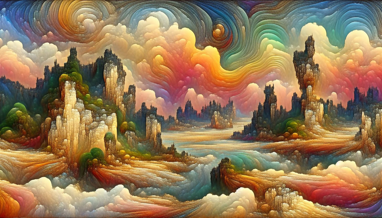 Surreal Landscape with Flowing Skies in Watercolor Style