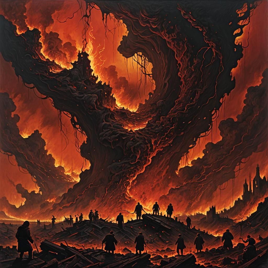 Figures Plunging into Fiery Abyss in Surreal Style