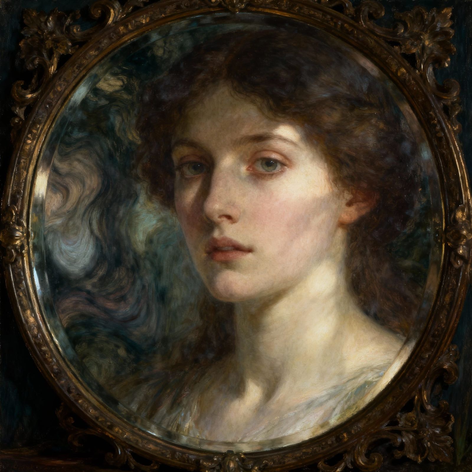 Ethereal Face in Antique Mirror, Pre-Raphaelite Style