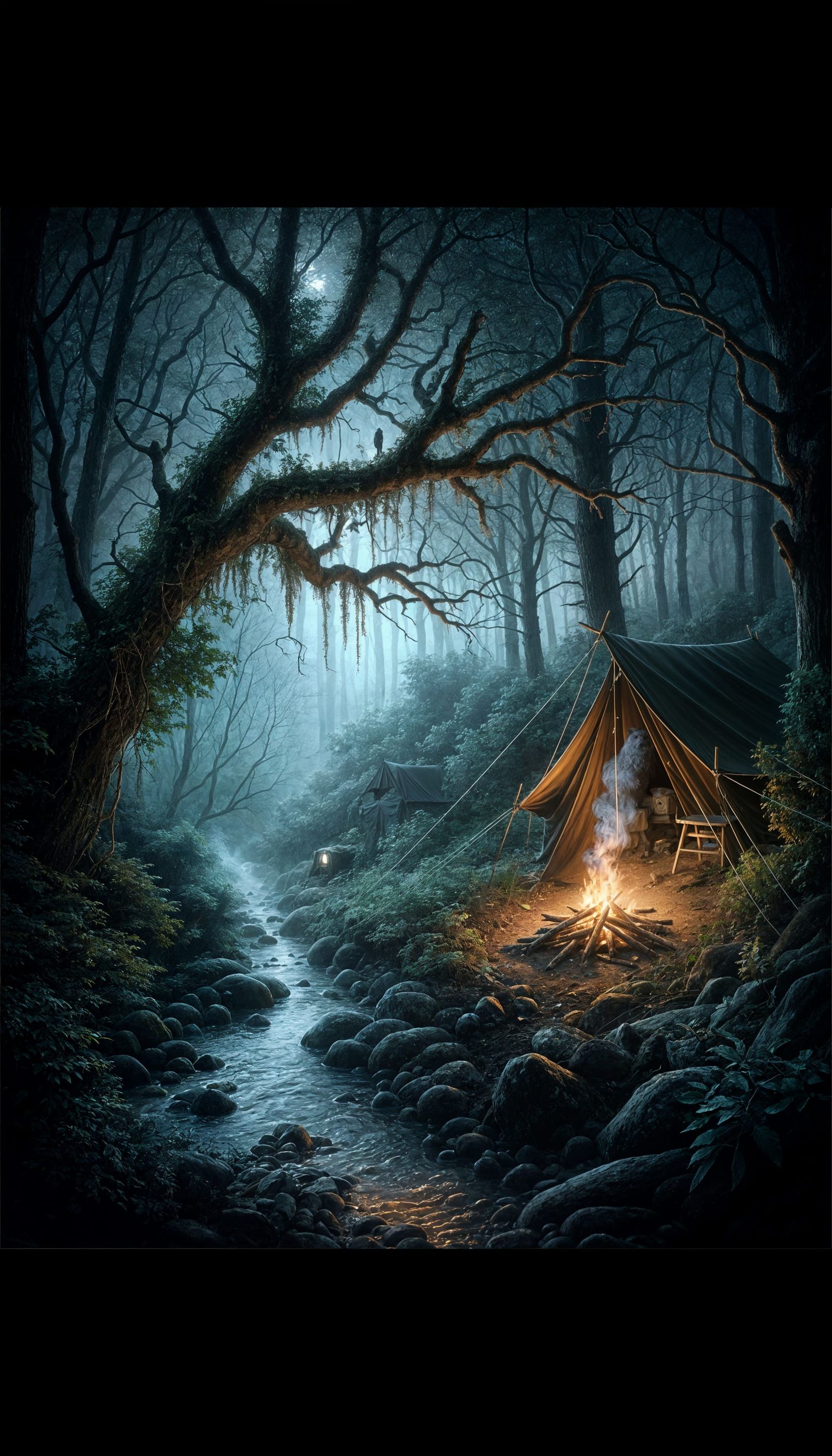 Ominous Campsite Scene in Misty Woods