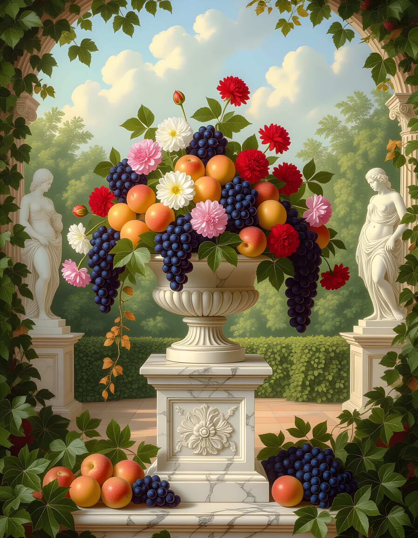 Lavish Fruit and Flower Arrangement in Classical Garden